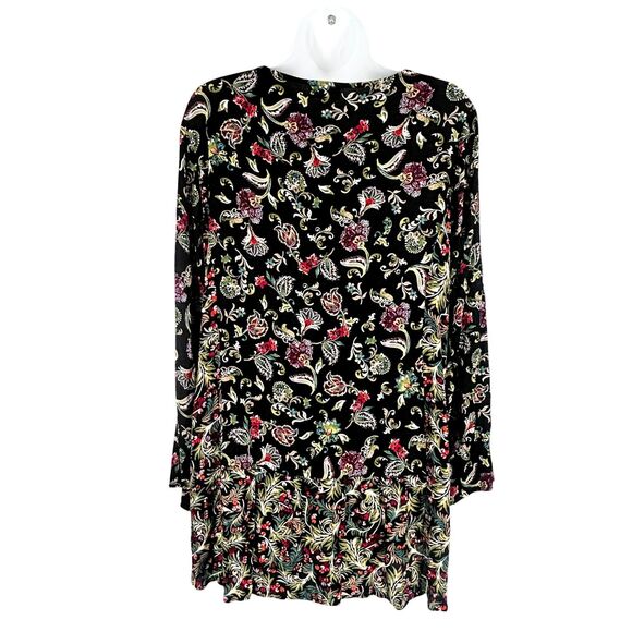 J Jill Pullover Top M Black Floral Peplum 3/4 Sleeves Purple Green White Tunic - Picture 5 of 10
